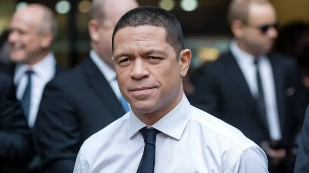 A serious-looking man in a white shirt and black tie stands confidently, embodying the essence of Willie Falcon Net Worth, with blurred figures in suits in the background