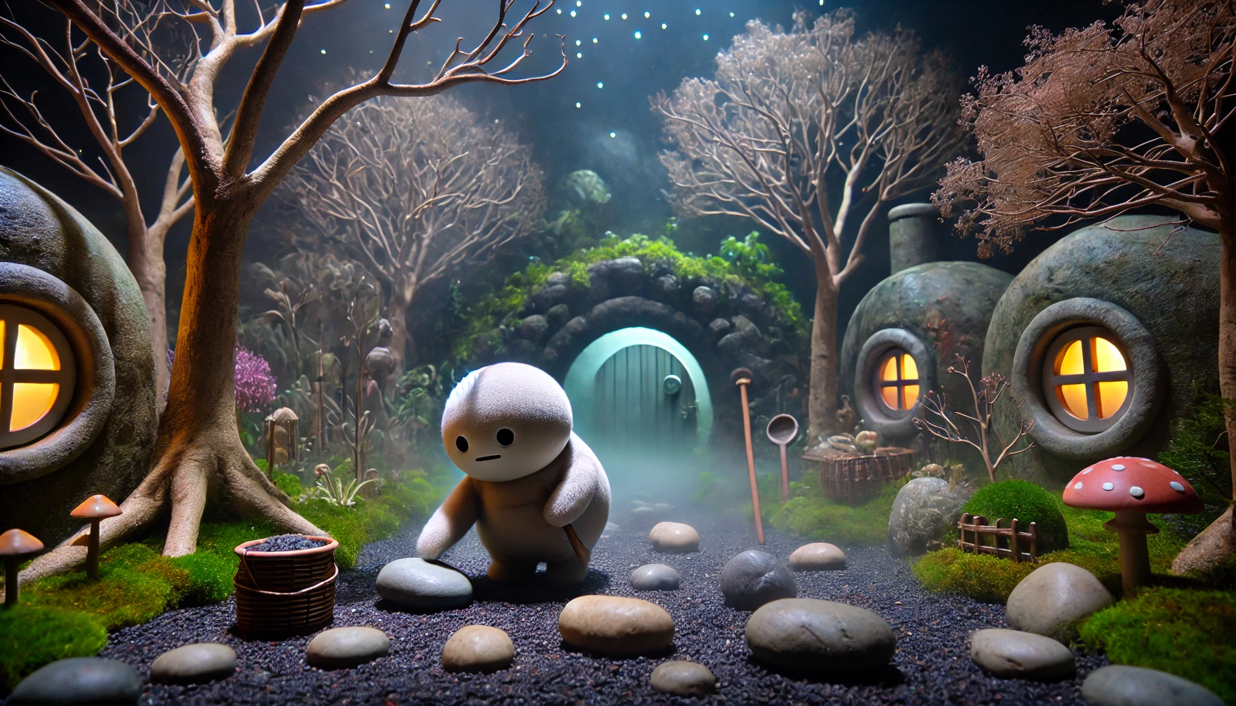 Mysterious garden scene depicting Makka Pakka cleaning stones in isolation, representing the eerie atmosphere of the "Makka Pakka Death" theory that has fans intrigued.