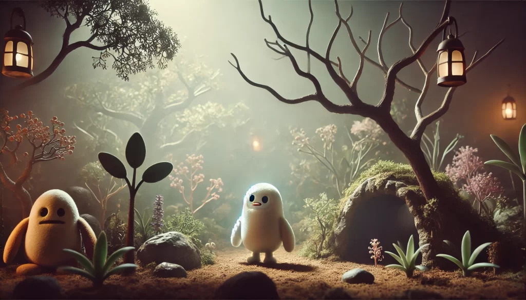 A foggy, dream-like garden featuring Makka Pakka standing near a cave, evoking the eerie atmosphere of the "Makka Pakka Death" theory with its surreal setting.