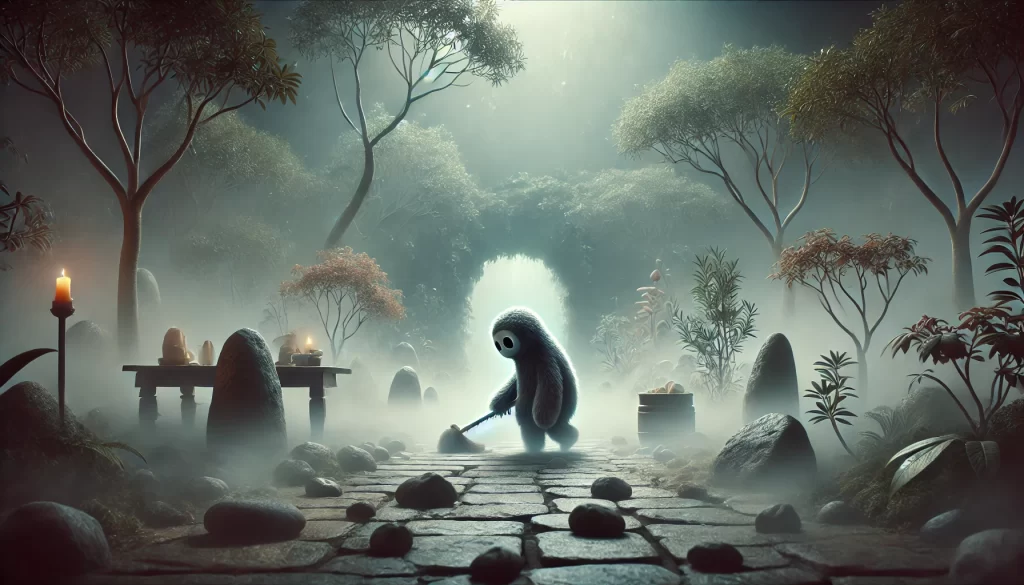 A mysterious, fog-filled garden with Makka Pakka cleaning stones in solitude, surrounded by dream-like trees and a cave, capturing the eerie essence of the "Makka Pakka Death" theory.