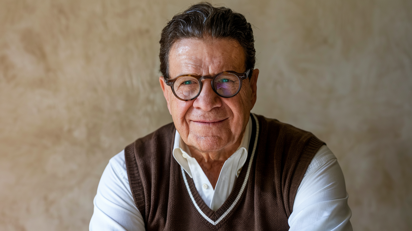 A mature man wearing glasses and a brown sweater smiles warmly against a neutral background, exuding confidence and wisdom, reminiscent of Willie Falcon Net Worth