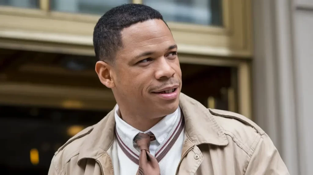 A stylish man smiles confidently in a beige coat over a white shirt and brown tie. His neatly groomed hair and relaxed pose reflect a modern look, reminiscent of Willie Falcon Net Worth, set against an elegant architectural backdrop