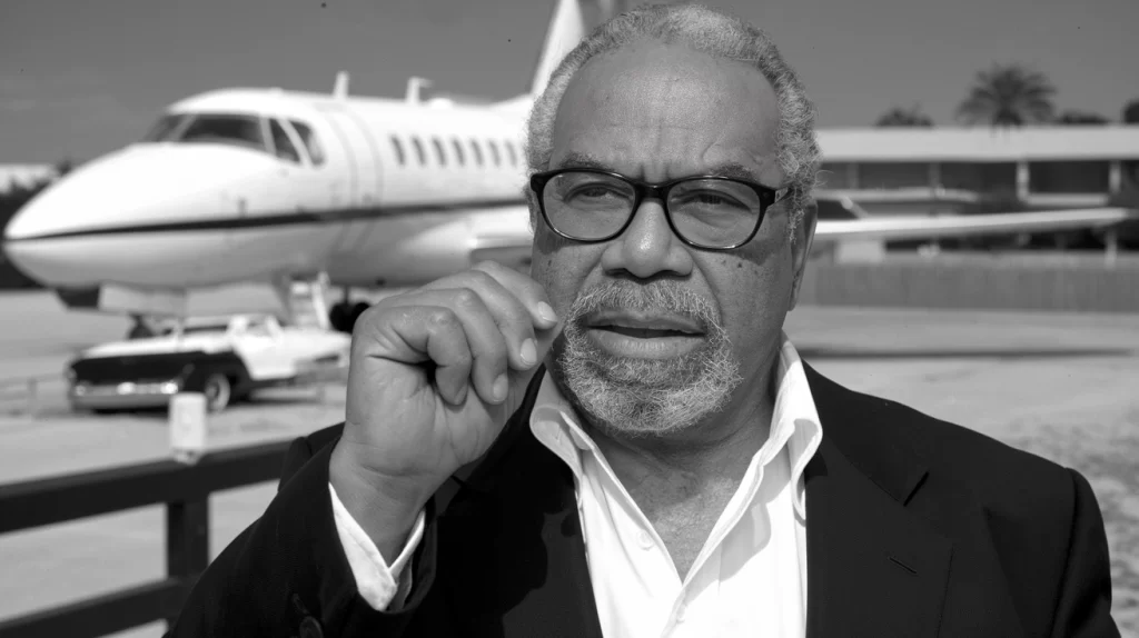 A distinguished man in glasses gestures in front of a private jet, wearing a black suit and white shirt. He exudes confidence and authority, reflecting the essence of Willie Falcon Net Worth in this luxurious aviation setting.