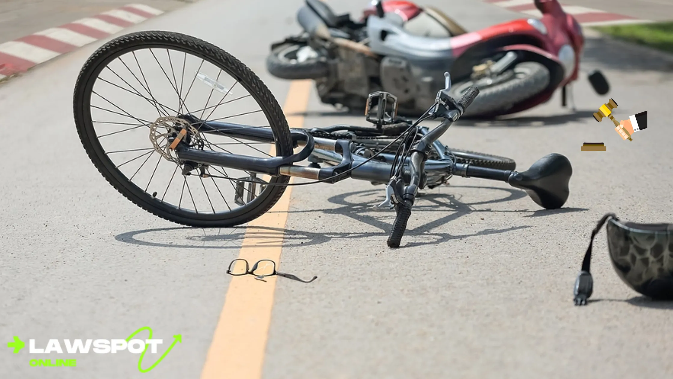 A fallen bicycle and motorcycle on the road after a crash, raising the question, "Can You Get a DUI on a Bike?" with a focus on the legal risks of cycling under the influence.