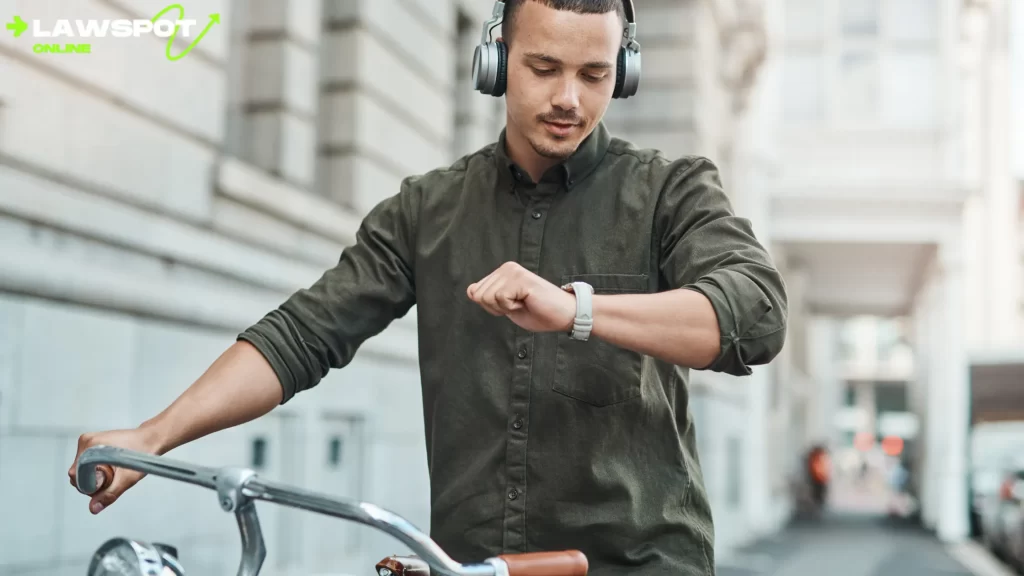 A person riding a bike while checking their watch, posing the question, "Can You Get a DUI on a Bike?" with a focus on legal aspects of biking under the influence.