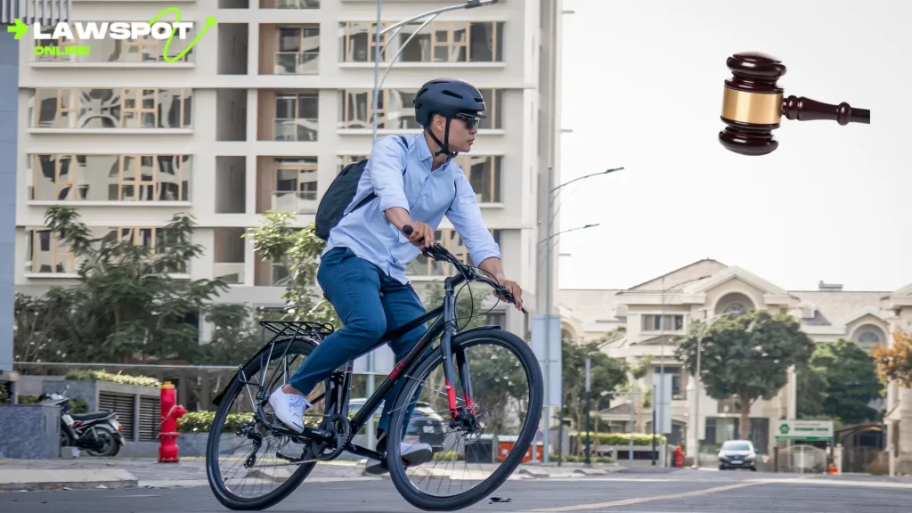 A cyclist wearing a helmet and riding through a city street, raising the question, "Can You Get a DUI on a Bike?" with a focus on legal consequences of cycling under the influence.