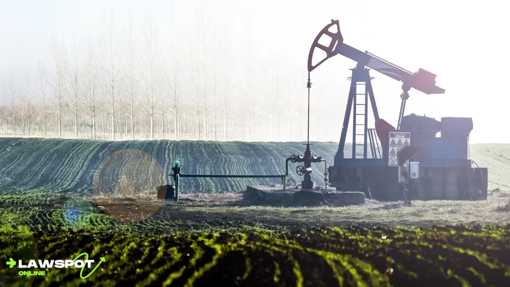 Can you have your own mining company? Oil extraction pump jack operating in a rural, agricultural landscape.