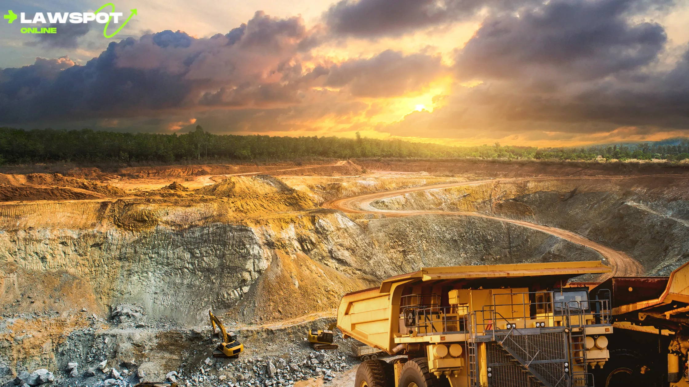 Can you have your own mining company? View of a large open-pit mining operation with excavation trucks and earth-moving equipment at sunset.