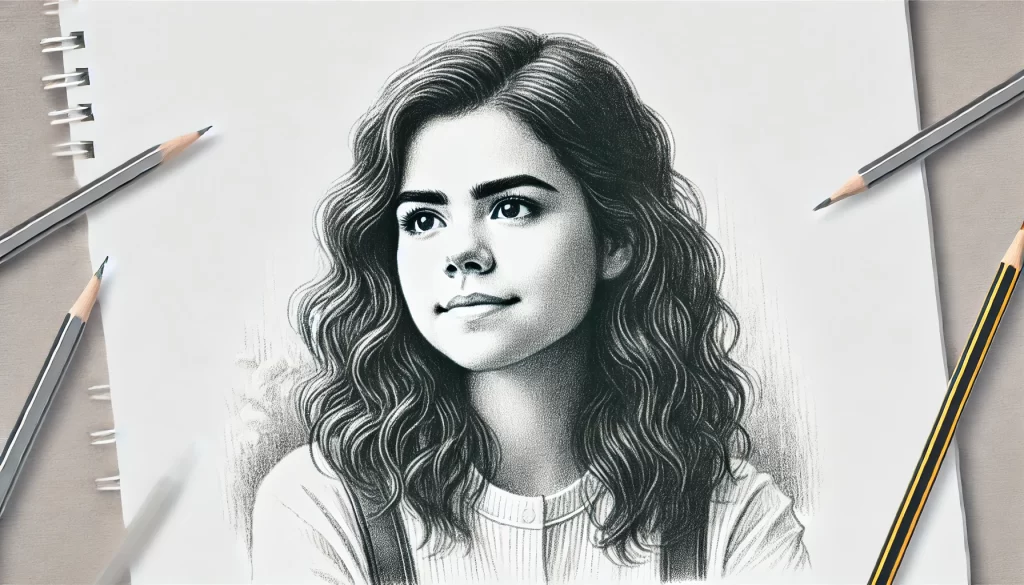 A highly detailed pencil sketch of a young woman with curly hair, inspired by Taylor Swift. The image has a realistic, artistic style, with pencils framing the sketch on the sides, emphasizing creativity and design. This is perfect for Taylor Swift coloring pages, providing a lifelike portrait for fans to color.