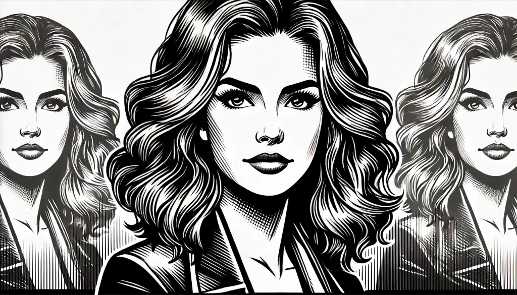 A black and white, highly detailed pop-art style illustration of a woman with flowing hair, inspired by Taylor Swift. The image features multiple faces of the woman, creating a dynamic and artistic effect. Perfect for Taylor Swift coloring pages, offering intricate details and bold lines for creative coloring.