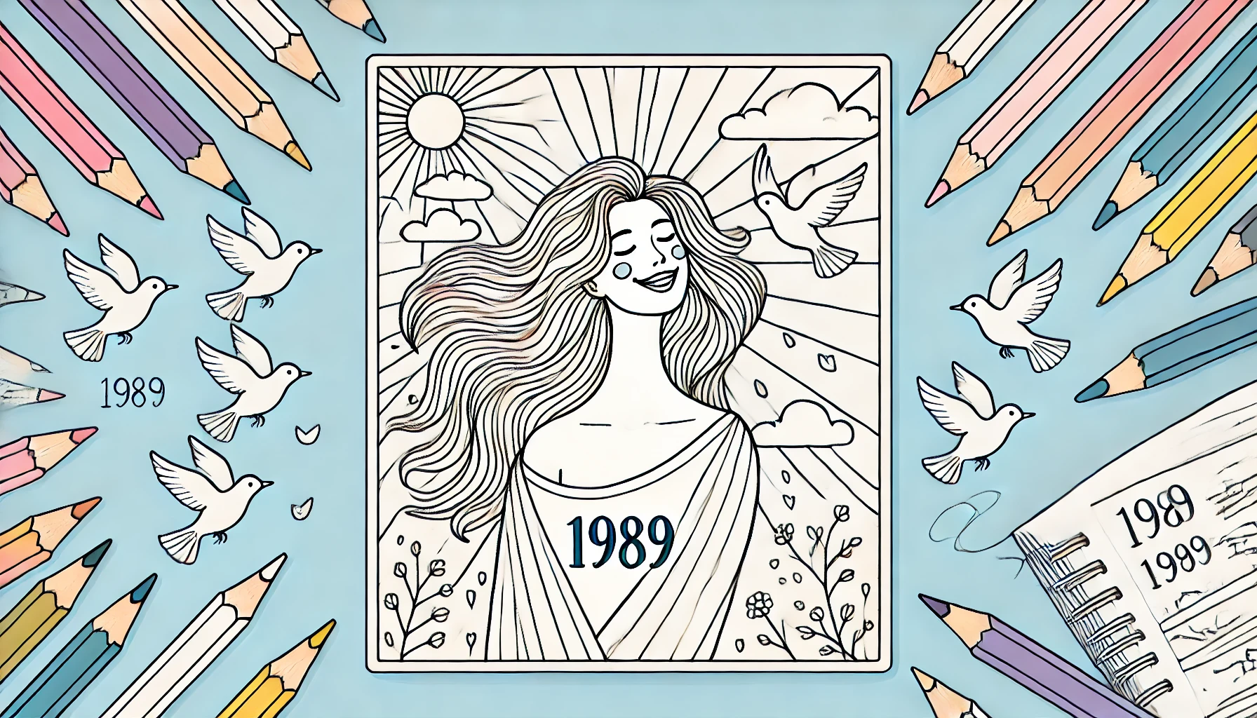 A Taylor Swift coloring page featuring a joyful woman with flowing hair, surrounded by birds and nature elements. The title '1989' is displayed at the center, with a whimsical, minimalist design for coloring. Colored pencils frame the image, creating a fun and creative activity for Taylor Swift coloring pages.