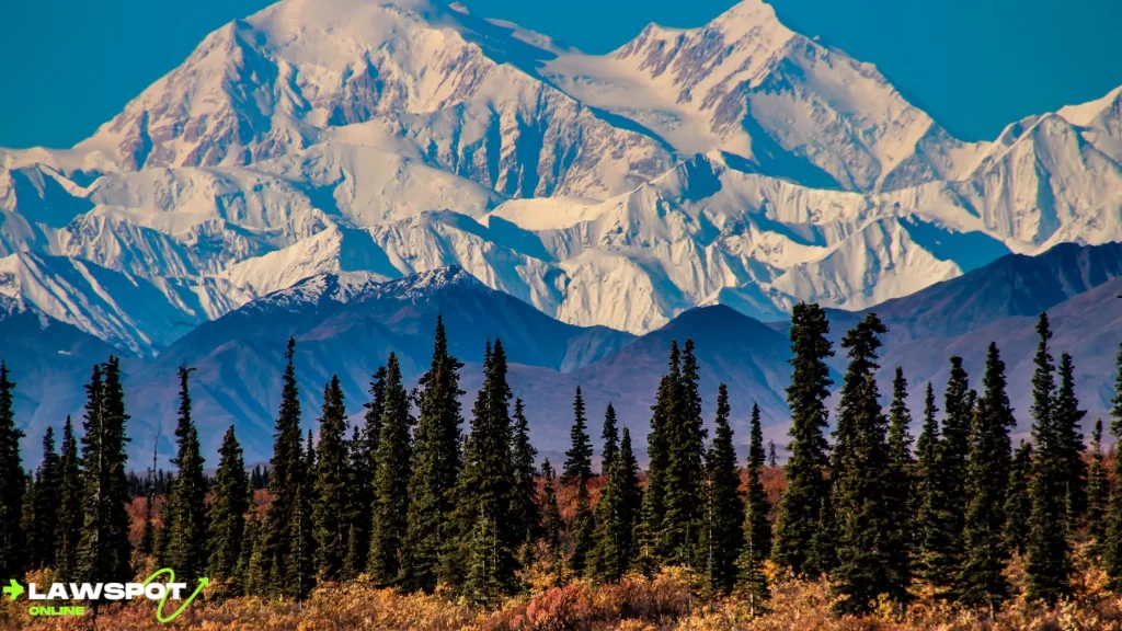 A majestic view of snow-covered mountains and dense forests in Alaska. Can you drive to Alaska? Yes, and sights like these are waiting along your journey through the scenic Alaskan wilderness.